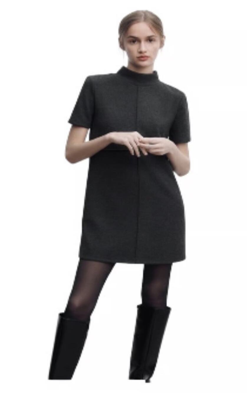 ZARA Mock Neck Reverse Seam Cotton Mini Dress Charcoal Gray S
